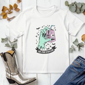 Funny Halloween Tee White Graphic T-Shirt with Pastel Goth Design Spooky Zombie